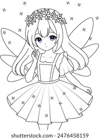 Cute kawaii fairy with sparkling wings isolated on white background outline coloring page for kids