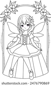 Cute kawaii fairy with sparkling wings isolated on white background outline coloring page for kids