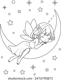 Cute kawaii fairy with sparkling wings sleeping on the moon on stars background outline coloring page for kids