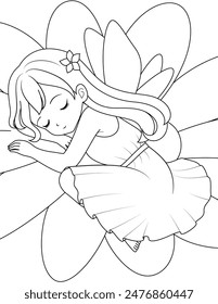 Cute kawaii fairy with sparkling wings sleeping on the flower on white background outline coloring page for kids