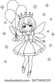 Cute kawaii fairy with sparkling wings isolated on white background outline coloring page for kids