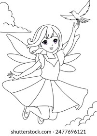 Cute kawaii fairy with sparkling wings isolated on white background outline coloring page for kids