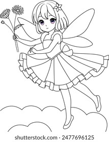 Cute kawaii fairy with sparkling wings isolated on white background outline coloring page for kids