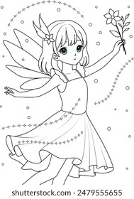 Cute kawaii fairy with sparkling wings holding wildflower isolated on white background outline coloring page for kids