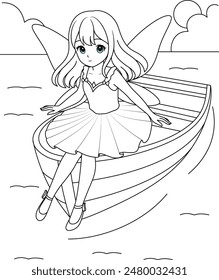 Cute kawaii fairy with sparkling wings sitting on the rowboat isolated on white background outline coloring page for kids