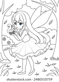 Cute kawaii fairy and squirrel in the forest outline coloring page for kids