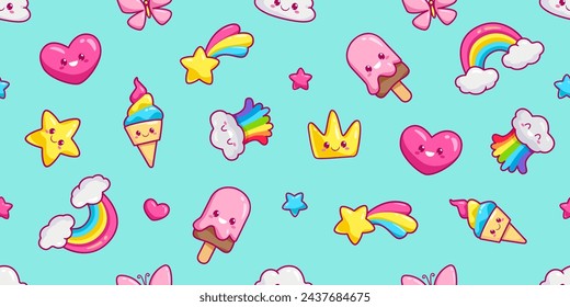 Cute Kawaii cuento de hadas sin patrón de helado de unicornio divertido, arco iris, nube, estrella feliz, corazón, emoti de la corona de dibujos animados. Fondo del bebé de Kawaii ( plantilla del vector del Doodle )