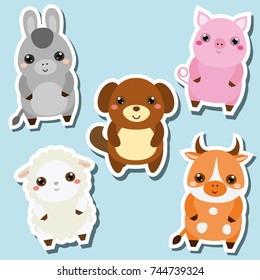 Cute kawaii farm animals stickers set. Vector illustration. Pig, dog, donkey, cow, sheep. Children style, isolated design elements for kids. Icons