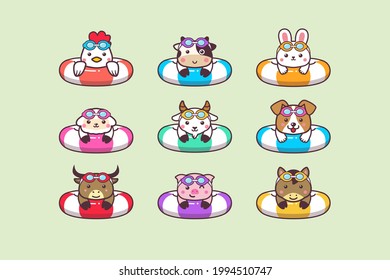 Cute Kawaii Farm Summer Animals Swimming with Swimming Ring Buoy And Swimming Goggles