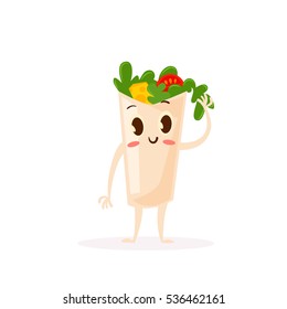 Cute Kawaii fast food character. Colorful cartoon food character with shawarma. Emoticon fast food funny element isolated on white background.