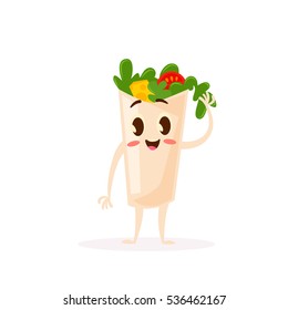 Cute Kawaii fast food character. Colorful cartoon food character with shawarma. Emoticon fast food funny element isolated on white background.