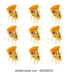 Cute Kawaii fast food characters. Collection of colorful cartoon food character with pizza. Emoticon fast food funny elements. Vector illustration of different emotions isolated on white