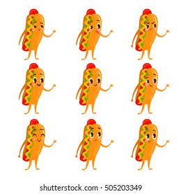 Cute Kawaii fast food characters. Collection of colorful cartoon food character with hot dog. Emoticon fast food funny elements. Vector illustration of different emotions isolated on white