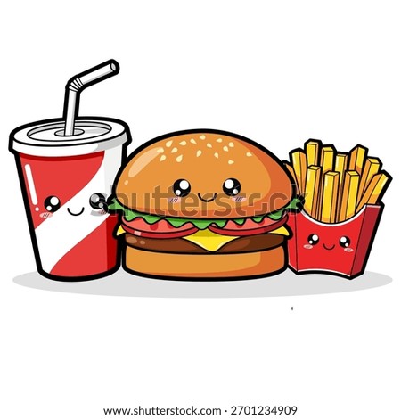 Cute Kawaii Fast Food Set with Smiling Burger, French Fries, and Soda Cup Vector Illustration