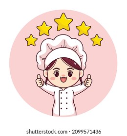 Cute And Kawaii Female Chef Or Baker With Thumbs Up Five Stars Cartoon Manga Chibi Vector Character Design