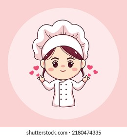 Cute and kawaii female chef or baker with love sign cartoon manga chibi vector character design