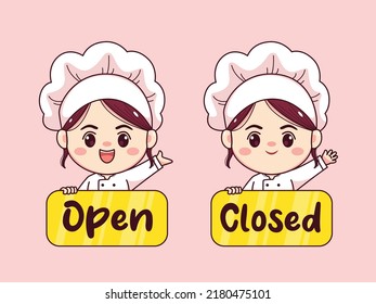 Cute and kawaii female chef or baker with open closed board cartoon manga chibi vector character design