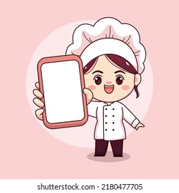 Cute and kawaii female chef or baker holding phone cartoon manga chibi vector character design