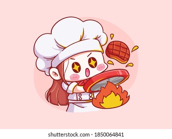 Cute And Kawaii Female Chef Cook Meat Manga Chibi Illustration