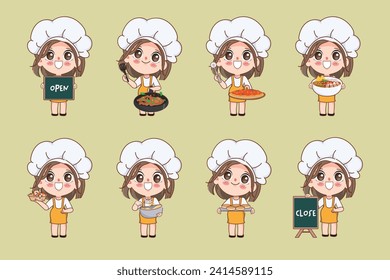 Cocina casera y kawaii femenina de menú diferente de comida tailandesa. Caricatura de diseño de carácter vectorial de chibi manga.