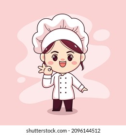 Cute and kawaii female chef with delicious sign cartoon manga chibi vector character design