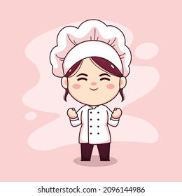 Cute and kawaii female chef with excited expression cartoon manga chibi vector character design