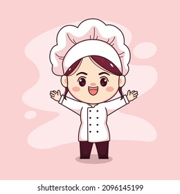 Cute and kawaii female chef with hands up cartoon manga chibi vector character design