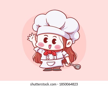 Cute and kawaii Female Chef holding spoon Manga Chibi Illustration