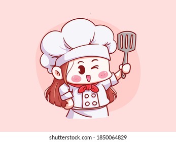 Cute and kawaii Female Chef Holding Spatula Manga Chibi Illustration