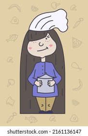 Cute and kawaii Female Chef holding a pot of food in her hand
