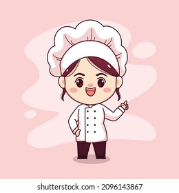 Cute and kawaii female chef with pointing finger cartoon manga chibi vector character design