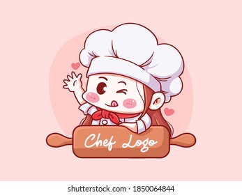 Cute and kawaii Female Chef with Wood Rolling Pin Manga Chibi Illustration Logo