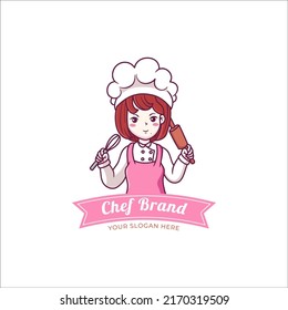 Cute and kawaii Female Chef with Wood Rolling Pin Manga Chibi Illustration Logo
