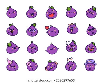 Cute kawaii fig. Adorable fruit character. Hand drawn style. Vector drawing. Collection of design elements.