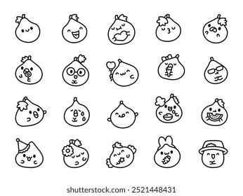 Cute kawaii fig. Coloring Page. Adorable fruit character. Hand drawn style. Vector drawing. Collection of design elements.