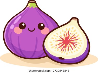 Cute kawaii fig pair with smiling faces and rosy cheeks. Purple fruit illustration in flat cartoon style with thick outlines and simple shapes. Sweet and playful vector illustration for food and fruit designs.