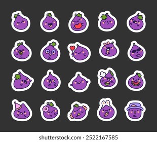 Cute kawaii fig. Sticker Bookmark. Adorable fruit character. Hand drawn style. Vector drawing. Collection of design elements.