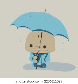 Cute kawaii figure holding a blue umbrella in the rain. Blue monday or dry january concept. 