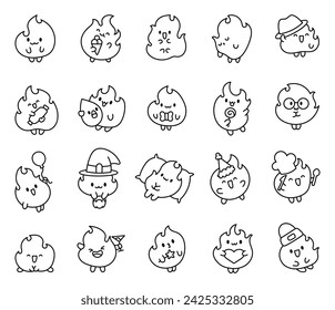 Cute kawaii fire character. Coloring Page. Hot cartoon flame energy. Hand drawn style. Vector drawing. Collection of design elements.