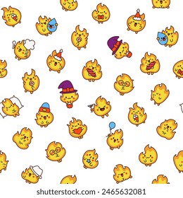 Cute kawaii fire character. Seamless pattern. Hot cartoon flame energy. Hand drawn style. Vector drawing. Design ornaments.