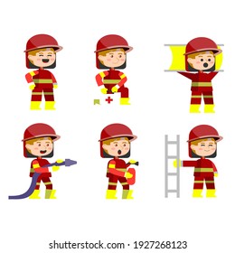 
cute and kawaii firefighter. water hoses, emergency stairs, fire extinguishers, helmet. fire fighting worker safety equipment. can be used for print media, symbol and icon. isolated on white.
