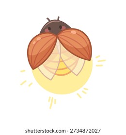 Cute kawaii firefly. Vector spring icon, element for garden design or cozy games. Brown bug with lighting tail