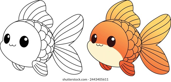 Cute kawaii fish cartoon character coloring page isolated on white background vector illustration