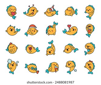 Cute kawaii fish with funny face. Adorable cartoon ocean character. Hand drawn style. Vector drawing. Collection of design elements.