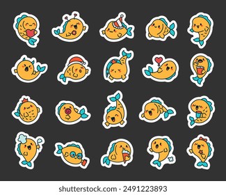 Cute kawaii fish with funny face. Sticker Bookmark. Adorable cartoon ocean character. Hand drawn style. Vector drawing. Collection of design elements.