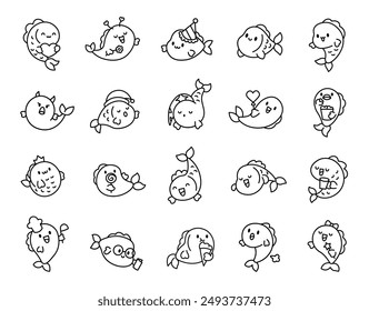 Cute kawaii fish with funny face. Coloring Page. Adorable cartoon ocean character. Hand drawn style. Vector drawing. Collection of design elements.