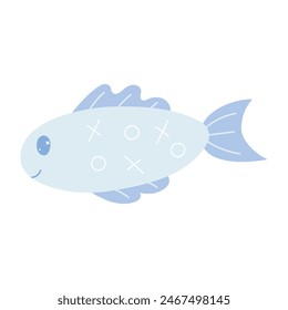 Cute kawaii fish in hand draw flat style isolated on white background. Children vector illustration.Cartoon funny baby animal character design.Soft pastel colors.