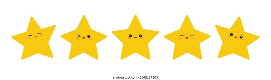 Cute Kawaii five Stars with Different Emotions. Smiling Cartoon Yellow character. Funny rating. Vector EPS10