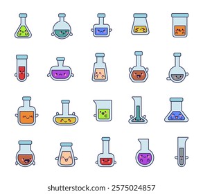 Cute kawaii flask lab cartoon character set showcasing various emotions and expressions for scientific experiments chemistry research laboratory illustrations and creative design elements