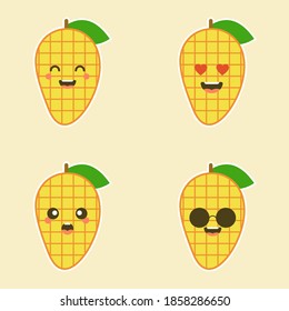 Cute and kawaii Flat Cartoon Mango Illustration. Vector illustration of cute mango with smilling expression. Cute mango mascot design
